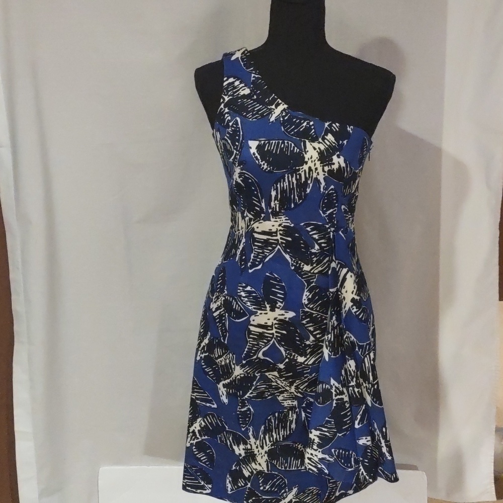 Sara Campbell One Shoulder Dress Blue with Black Floral Pattern